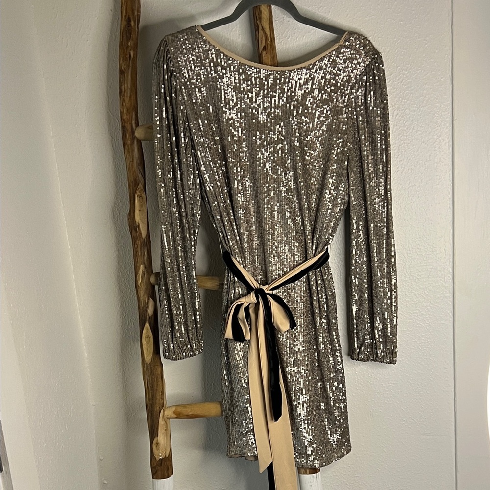 Gentle Fawn Silver Grey Nude Long Sleeve Sequined Low Back Dress Med Large